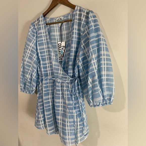 Future Collective - Blue Gingham Wrap Babydoll Blouse - Picture 12 of 14